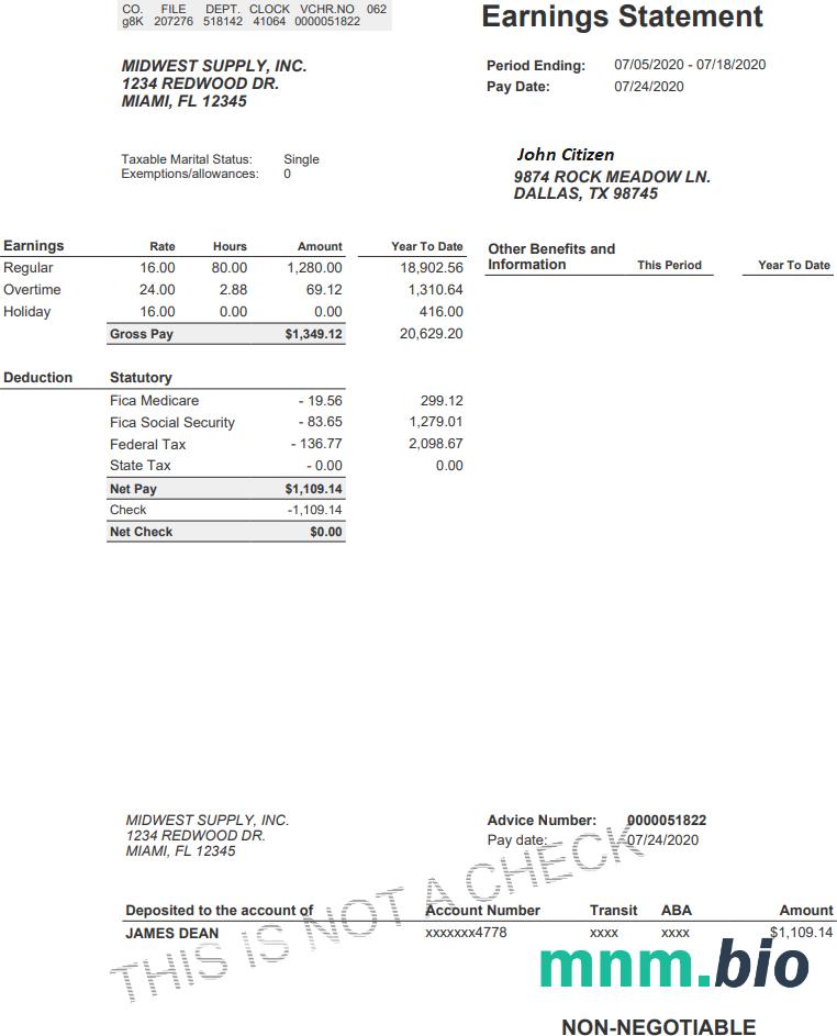 Oświadczenie o zarobkach USA MIDWEST supply inc w formatach word i pdf
